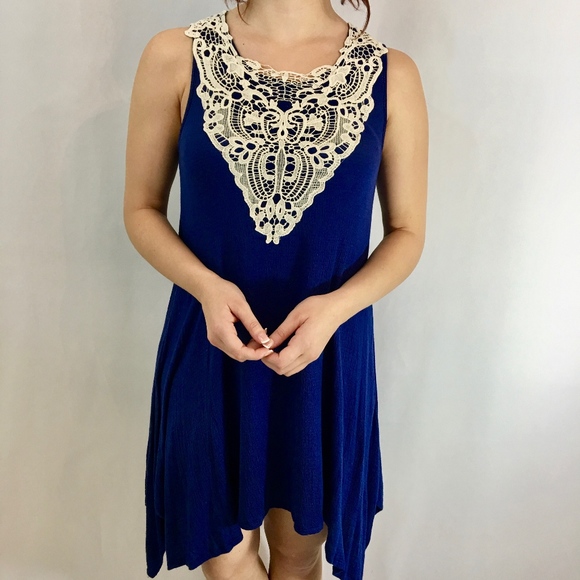 GlamVault Dresses & Skirts - Royal Blue Asymmetrical With Cream Crochet Detail